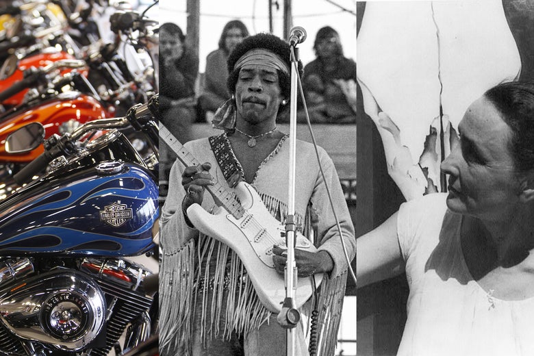 Harley-Davidson motorcycles lineup, Jimi Hendrix plays Woodstock and Georgia O’Keeffe stands in front of one of her skull paintings.